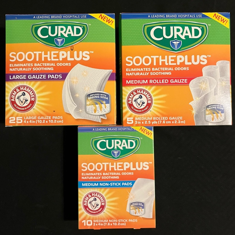 3 Curad Soothe Plus Rolled Gauze Medium, Large&Medium Nonstick
